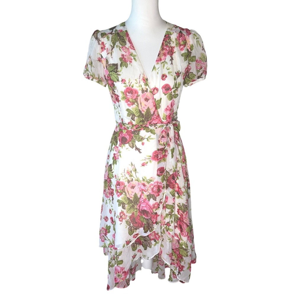 Betsey Johnson Pink Garden Floral High Low Wrap Dress Puff Sleeve 0P Romantic